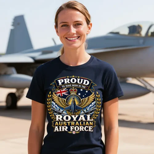 A Woman wearing a Royal Australian Air Force-inspired t-shirt in front of a fighter jet