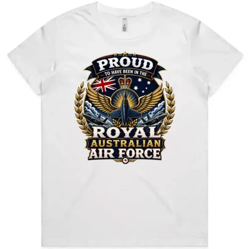 Royal Australian Air Force veteran-inspired ladies white t-shirt lay flat with front print