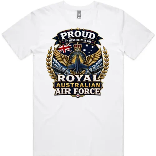 Royal Australian Air Force veteran-inspired men’s white t-shirt lay flat with front print