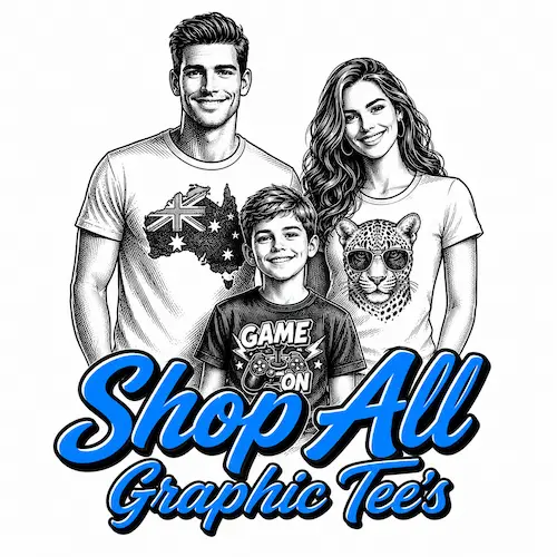 Shop all graphic t-shirts category image showing an illustrated family wearing printed tees with Shop All Graphic Tees text.