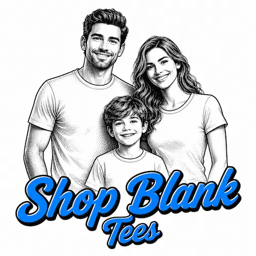 Shop blank t-shirts category image showing an illustrated family wearing plain tees with Shop Blank Tees text.