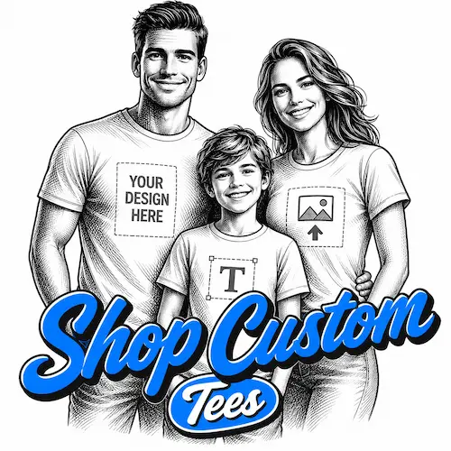 Shop custom t-shirts category image showing an illustrated family wearing tees with design upload and text print icons.