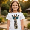 Teenage girl wearing a white Giraffe in Sunglasses Kids T Shirt standing in a zoo