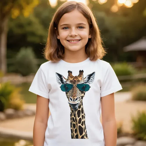 Teenage girl wearing a white Giraffe in Sunglasses Kids T Shirt standing in a zoo
