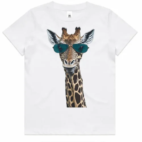 White kids t-shirt lay flat with Giraffe in Sunglasses design printed on the front