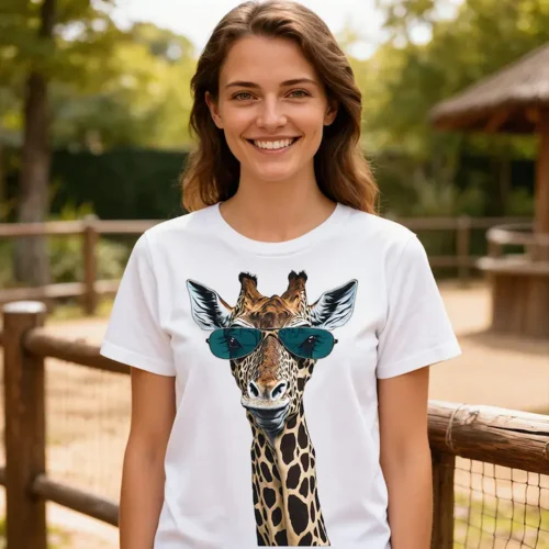 Woman wearing a white Giraffe in Sunglasses Ladies T Shirt standing in a zoo