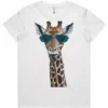 White ladies t-shirt lay flat with Giraffe in Sunglasses design printed on the front