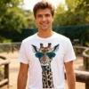 Man wearing a white Giraffe in Sunglasses Men T Shirt standing in a zoo