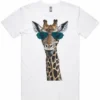 White men’s t-shirt lay flat with Giraffe in Sunglasses design printed on the front