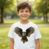 Boy wearing a white Golden Owl kids t-shirt standing in a forest