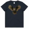 Golden Owl kids navy t-shirt lay flat with owl design on the front