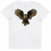 Golden Owl kids white t-shirt lay flat with owl design on the front