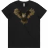 Golden Owl ladies black t-shirt lay flat with owl design on the front