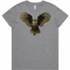 Golden Owl ladies grey marle t-shirt lay flat with owl design on the front