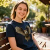 Woman wearing a white Golden Owl ladies t-shirt sitting on a bench in a park
