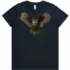 Golden Owl ladies navy t-shirt lay flat with owl design on the front