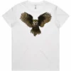 Golden Owl ladies white t-shirt lay flat with owl design on the front