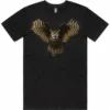 Golden Owl men’s black t-shirt lay flat with owl design on the front