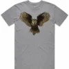 Golden Owl men’s grey marle t-shirt lay flat with owl design on the front
