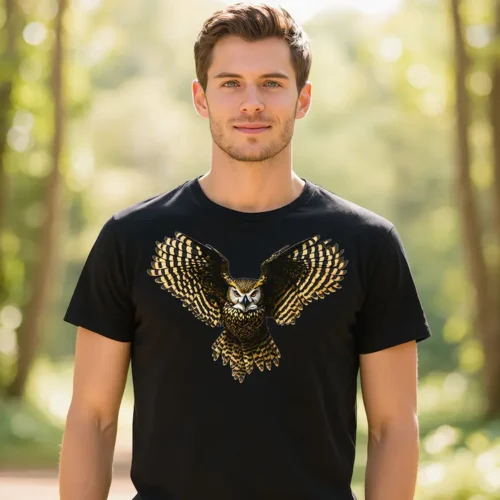 Man wearing a white Golden Owl men’s t-shirt standing in a forest
