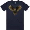 Golden Owl men’s navy t-shirt lay flat with owl design on the front
