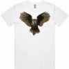 Golden Owl men’s white t-shirt lay flat with owl design on the front