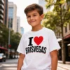 Boy wearing a white I Love Brisvagas kids t-shirt in a Brisbane city street