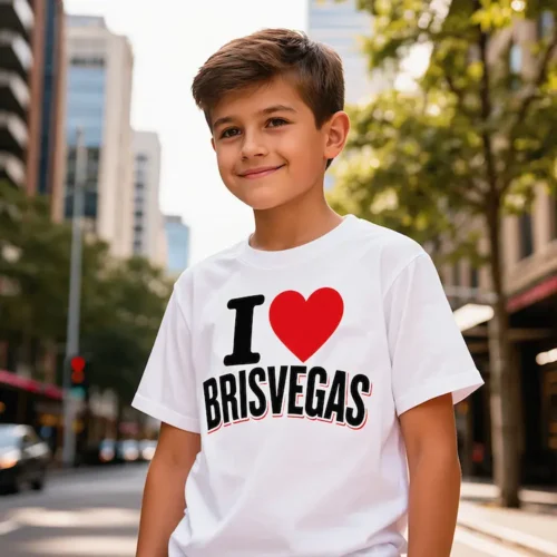 Boy wearing a white I Love Brisvagas kids t-shirt in a Brisbane city street