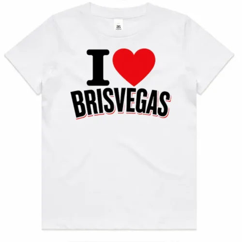 White kids I Love Brisvagas t-shirt with the design printed on the front