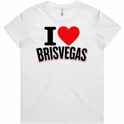 White ladies I Love Brisvagas t-shirt with the design printed on the front