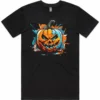 Black men’s t-shirt lay flat with Jack O Lantern Pumpkin design printed on the front