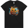 Black kids t-shirt lay flat with Jack O Lantern Pumpkin design printed on the front