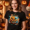 Woman wearing a black Jack O Lantern Pumpkin Ladies T Shirt sitting in a lounge room decorated for a party