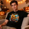 Man wearing a black Jack O Lantern Pumpkin Men’s T Shirt sitting in a lounge room decorated for a party
