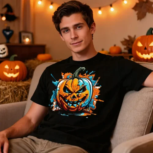 Man wearing a black Jack O Lantern Pumpkin Men’s T Shirt sitting in a lounge room decorated for a party