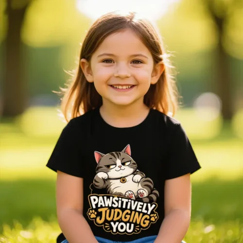 Girl wearing a black Pawsitively Judging You kids t-shirt while sitting in a park