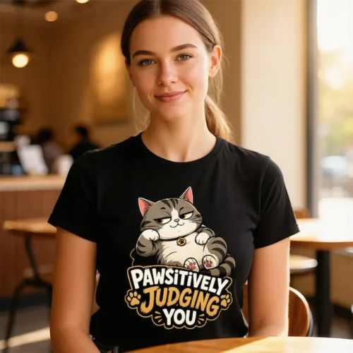 Woman wearing a black Pawsitively Judging You ladies t-shirt in a coffee shop