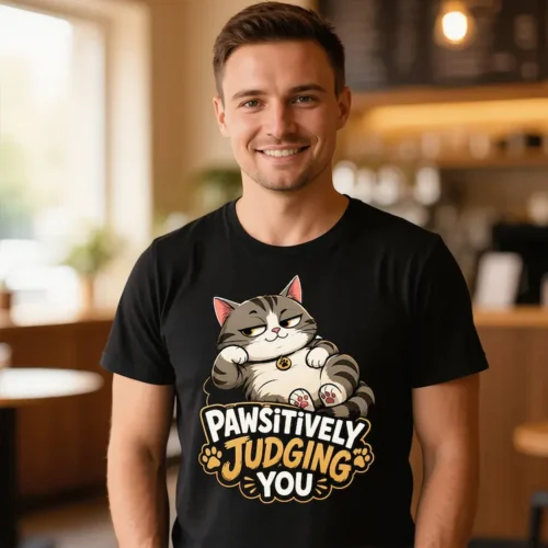 Man wearing a black Pawsitively Judging You men’s t-shirt in a coffee shop