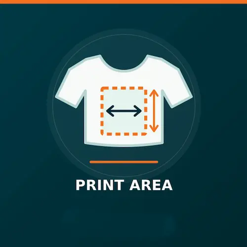 Print area icon — t-shirt with dashed print box and measurement arrows