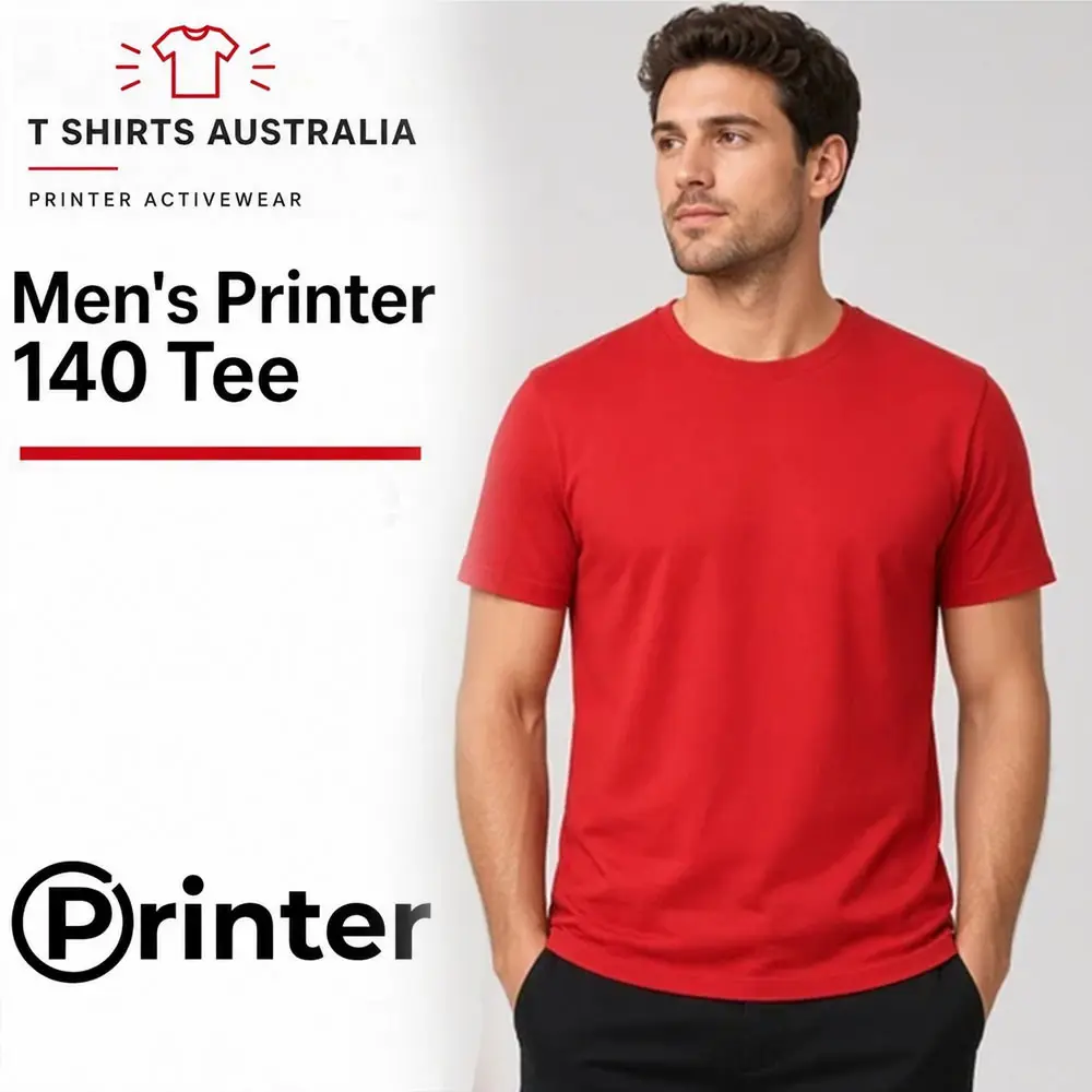 Model wearing a red Printer PA440 Men’s 140 blank T-shirt available from T Shirts Australia