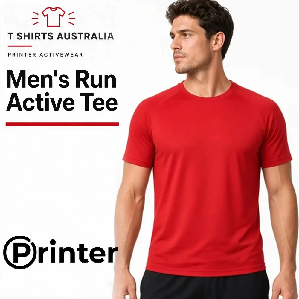 Model wearing a red Printer Activewear PA408 Men’s Run Active Tee
