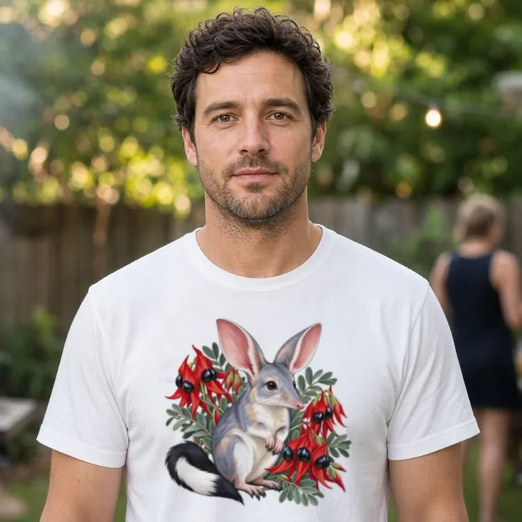 Lifestyle photo of the Bilby Among Sturt Desert Peas Men’s T-Shirt being worn or used