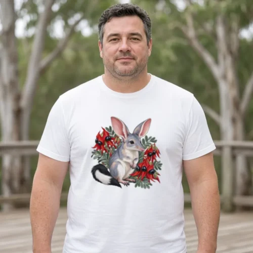 Lifestyle photo of the Bilby Among Sturt Desert Peas Premium Men’s T-Shirt being worn or used