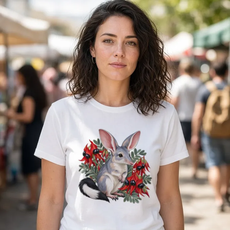 Lifestyle photo of the Bilby Among Sturt Desert Peas Women’s T-Shirt being worn or used