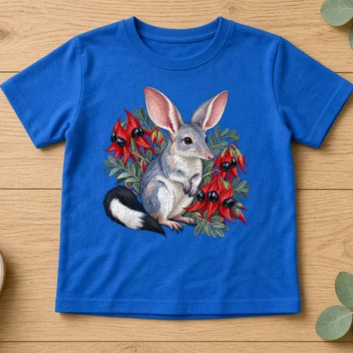 Bright royal Bilby Among Sturt Desert Peas kids T-shirt laid flat on a timber table