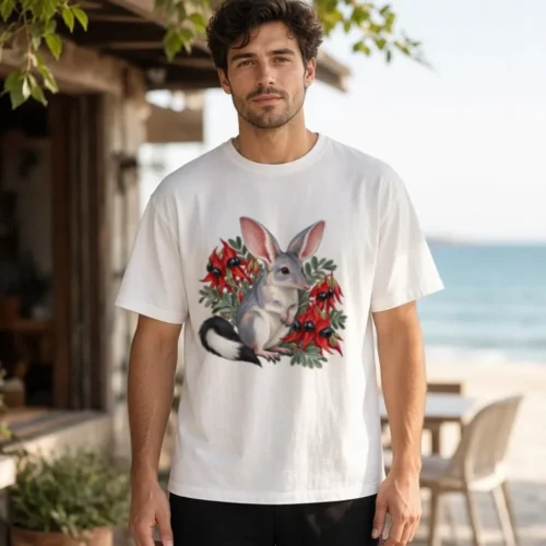 Lifestyle photo of the Bilby Among Sturt Desert Peas Boxy T-Shirt being worn or used