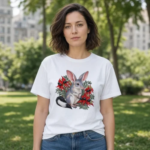 Lifestyle photo of the Bilby Among Sturt Desert Peas Women’s Boxy T-Shirt being worn or used