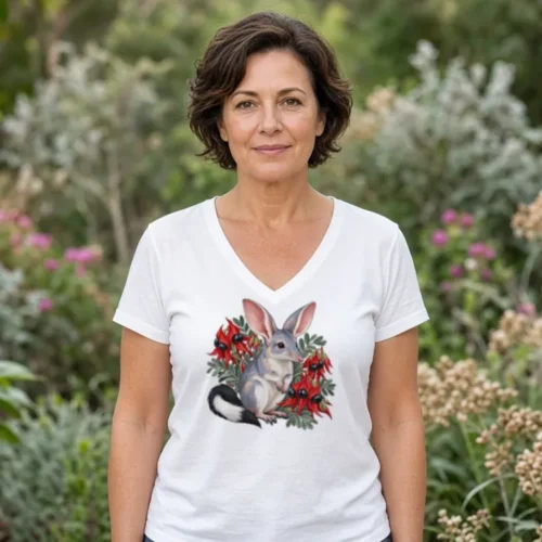 Lifestyle photo of the Bilby Among Sturt Desert Peas Women’s V-Neck T-Shirt being worn or used
