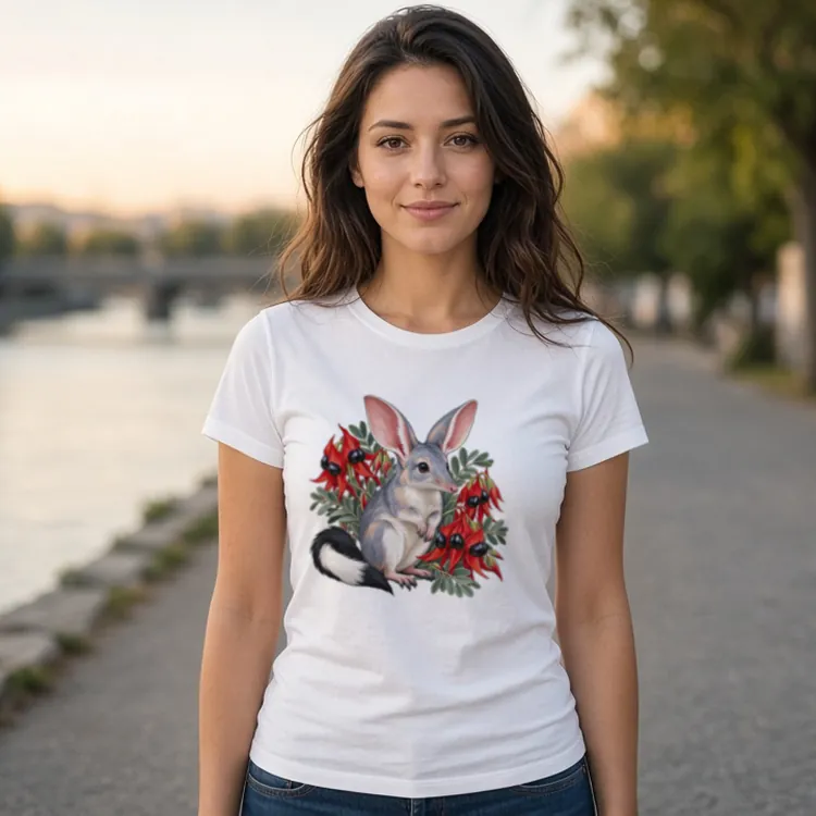 Lifestyle photo of the Bilby Among Sturt Desert Peas Women’s Fitted T-Shirt being worn or used