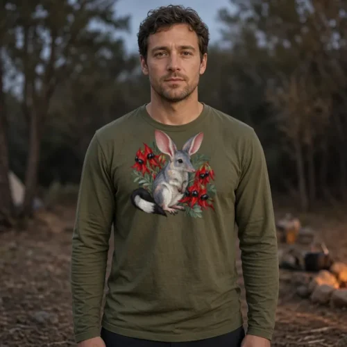Lifestyle photo of the Bilby Among Sturt Desert Peas Long Sleeve T-Shirt being worn or used